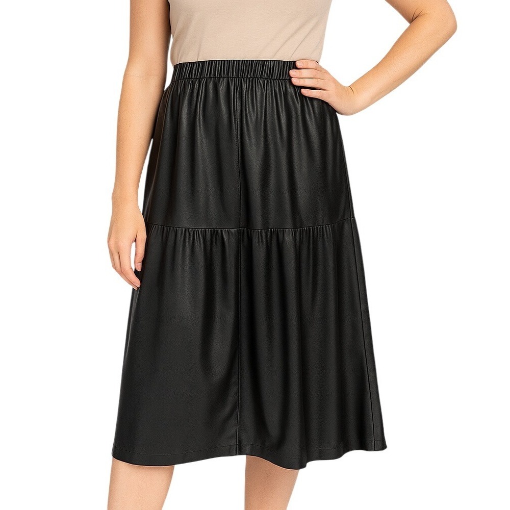 A New Day Flare‎ Skirt XS Black Faux Leather Midi Retro Elastic Waist Solid Chic